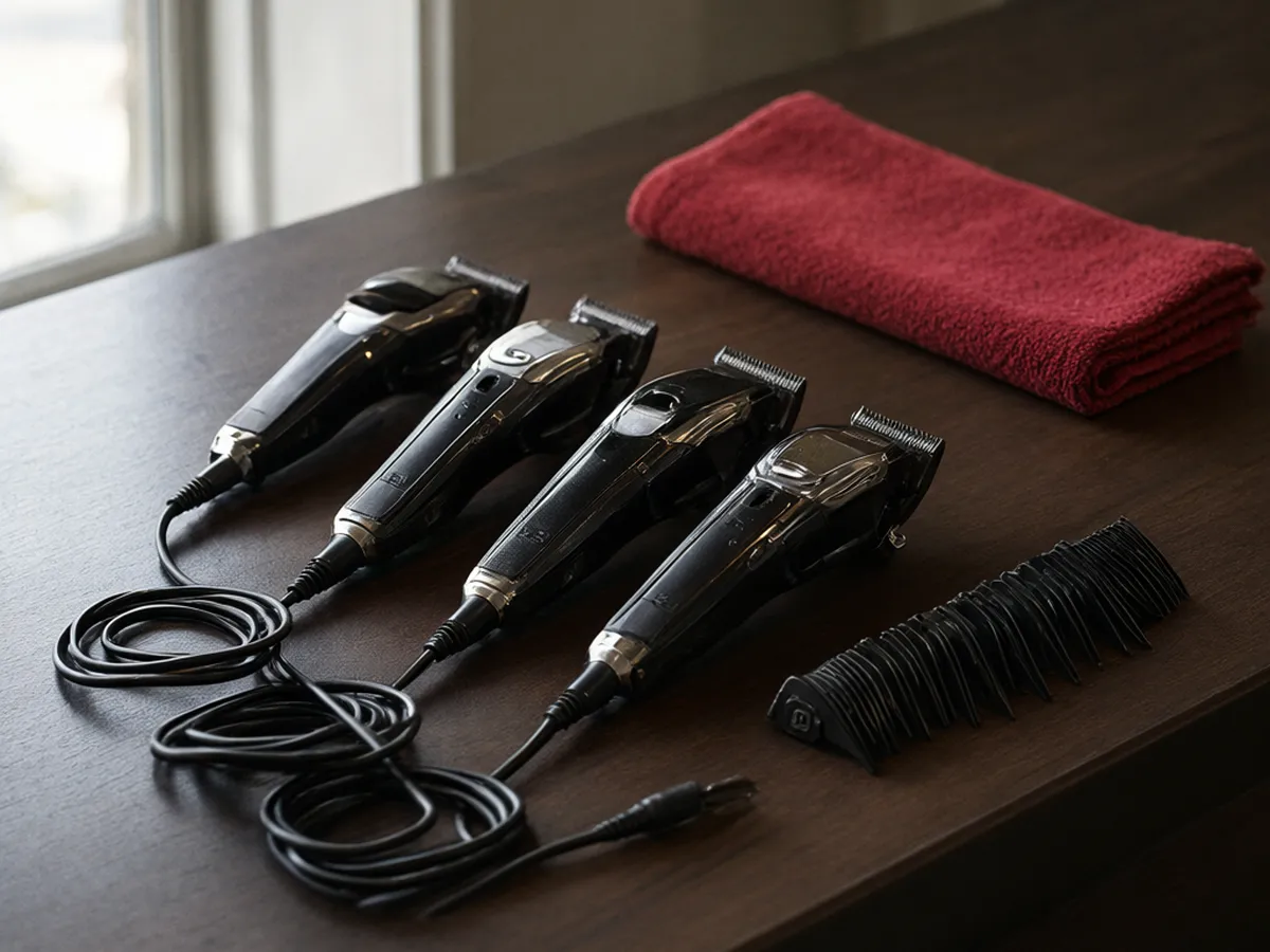 Four hair clippers and a fan of guard combs on a walnut counter