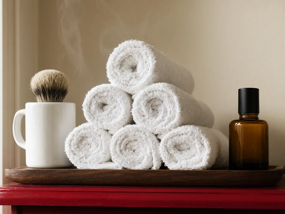Rolled hot towels in a chrome warmer beside a shaving mug and brush